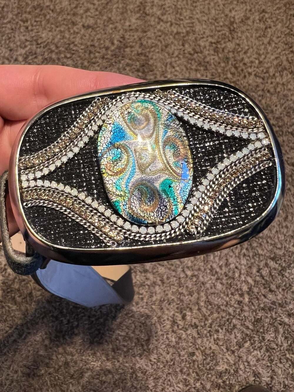 Leatherock Size Black Leather Belt with Embellished Oval Buckle